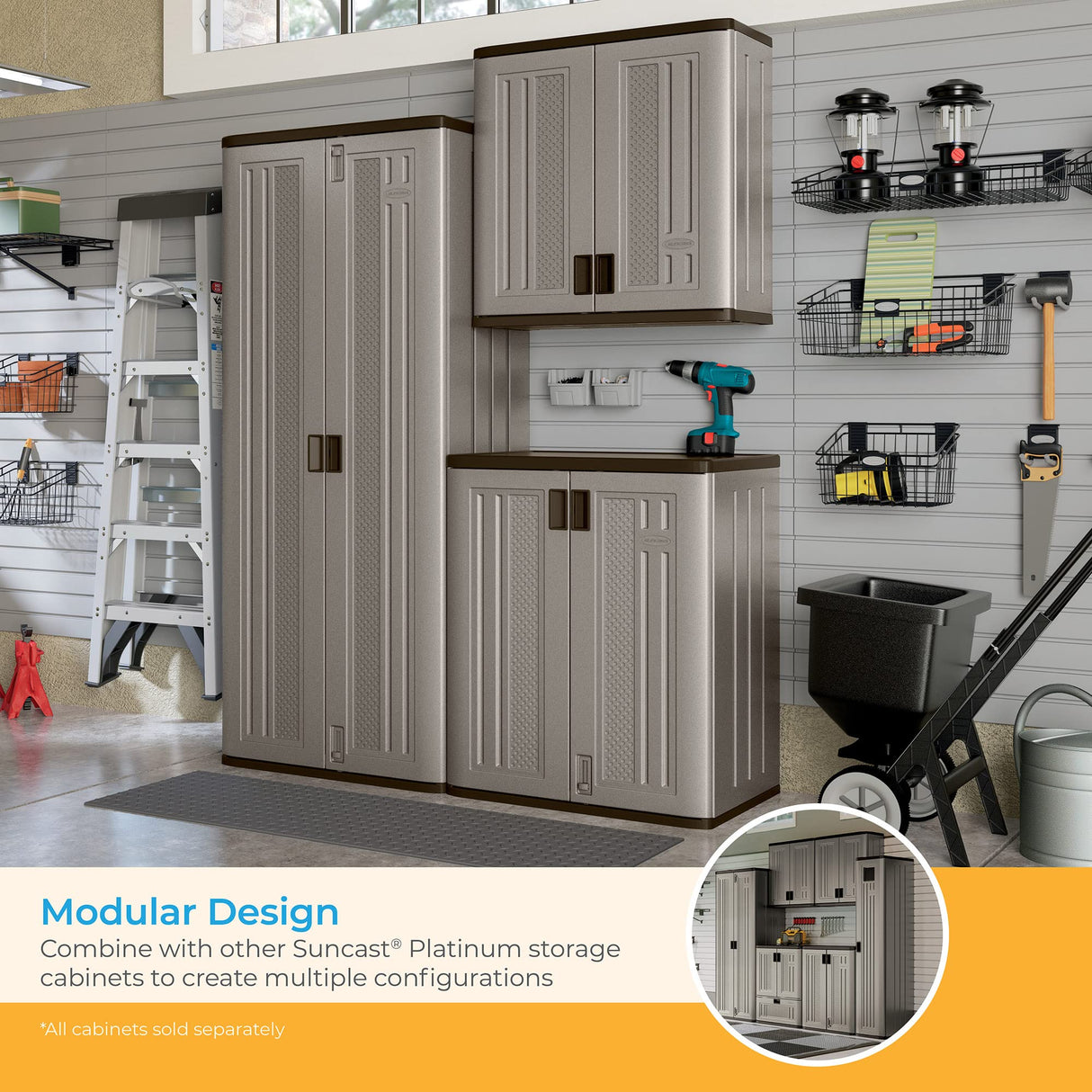 Suncast Heavy Duty Base Construction Storage Garage Organizer with Metal Reinforced Shelving, Low Maintenance, and Double Wall Construction, Silver Suncast