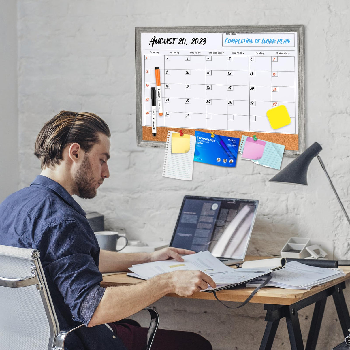 Monthly Whiteboard Calendar & Corkboard for Wall, Magnetic 17"x13" Dry Erase Board with Gray Wood Framed, 2in1 White Board Cork Board Combo, Calendar ABERLLS