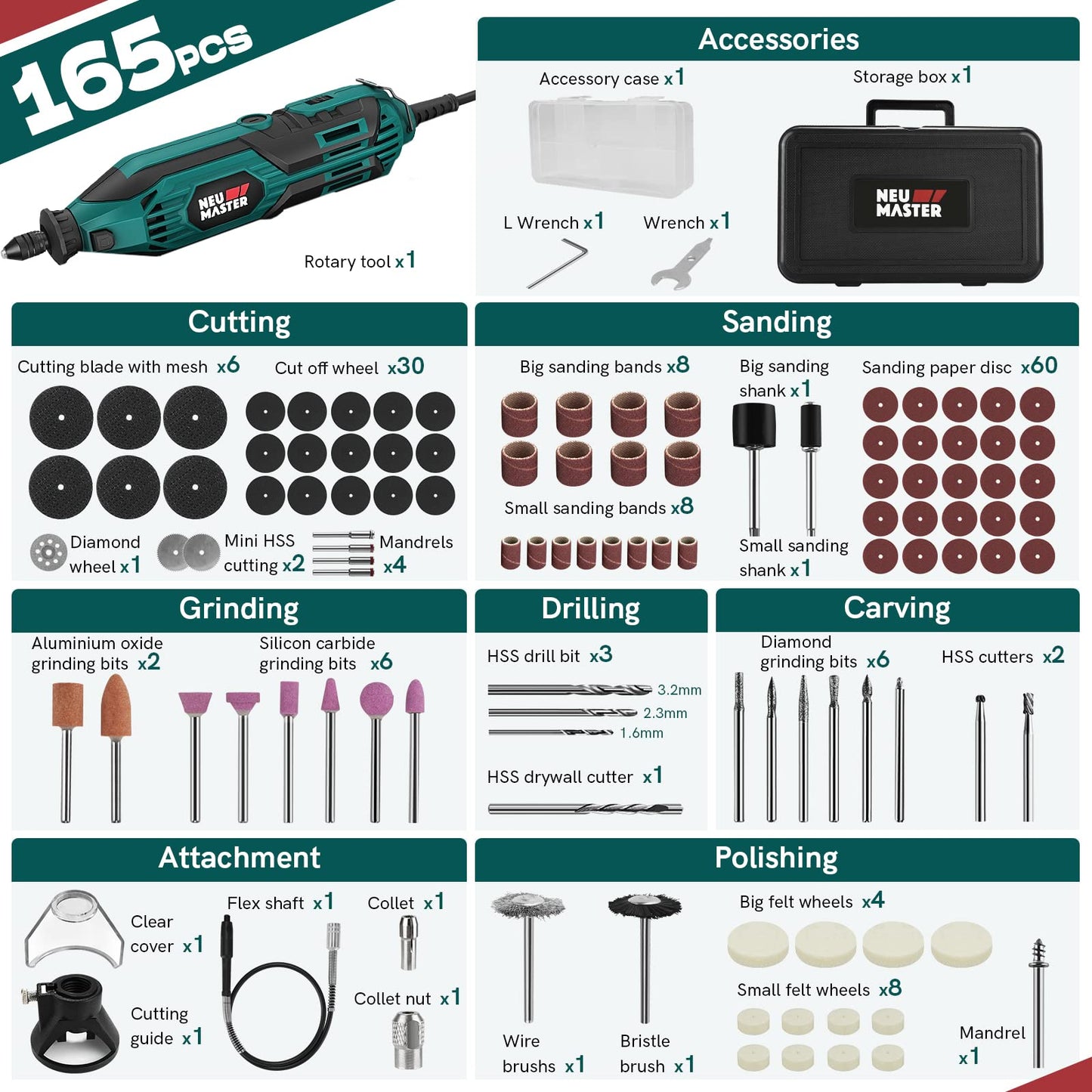 180W Rotary Tool Kit, NEU MASTER Corded Power Rotary Tools with 165 Accessories and 6 Variable Speed, 10000-35000RPM Electric Drill Set for Handmade - WoodArtSupply