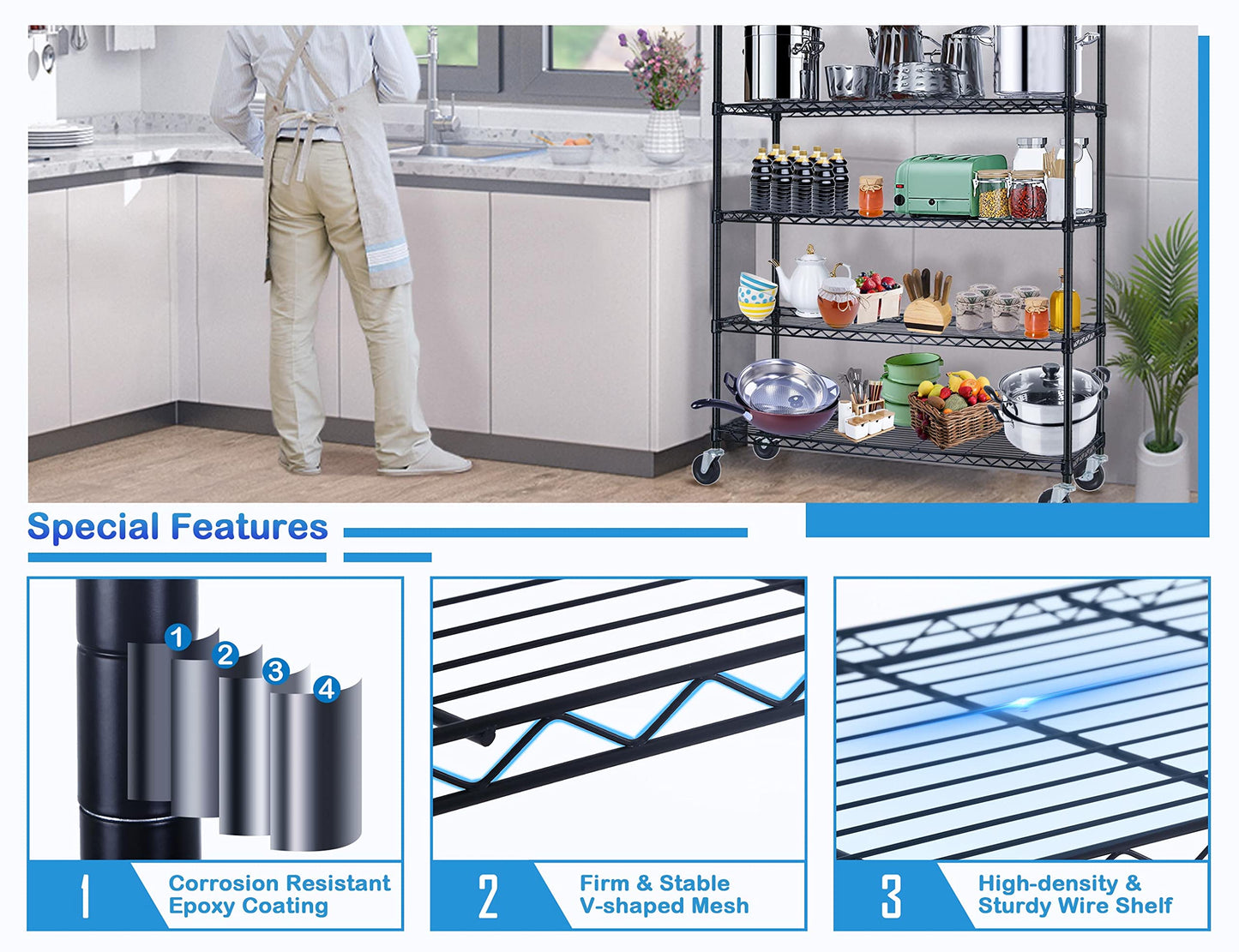 6 Tier 2100lbs Wire Shelves, 48" D x 18" W x 82" H Metal Shelves for Storage Heavy Duty, Storage Racks with Wheels, Height Adjustable, Wire Rack