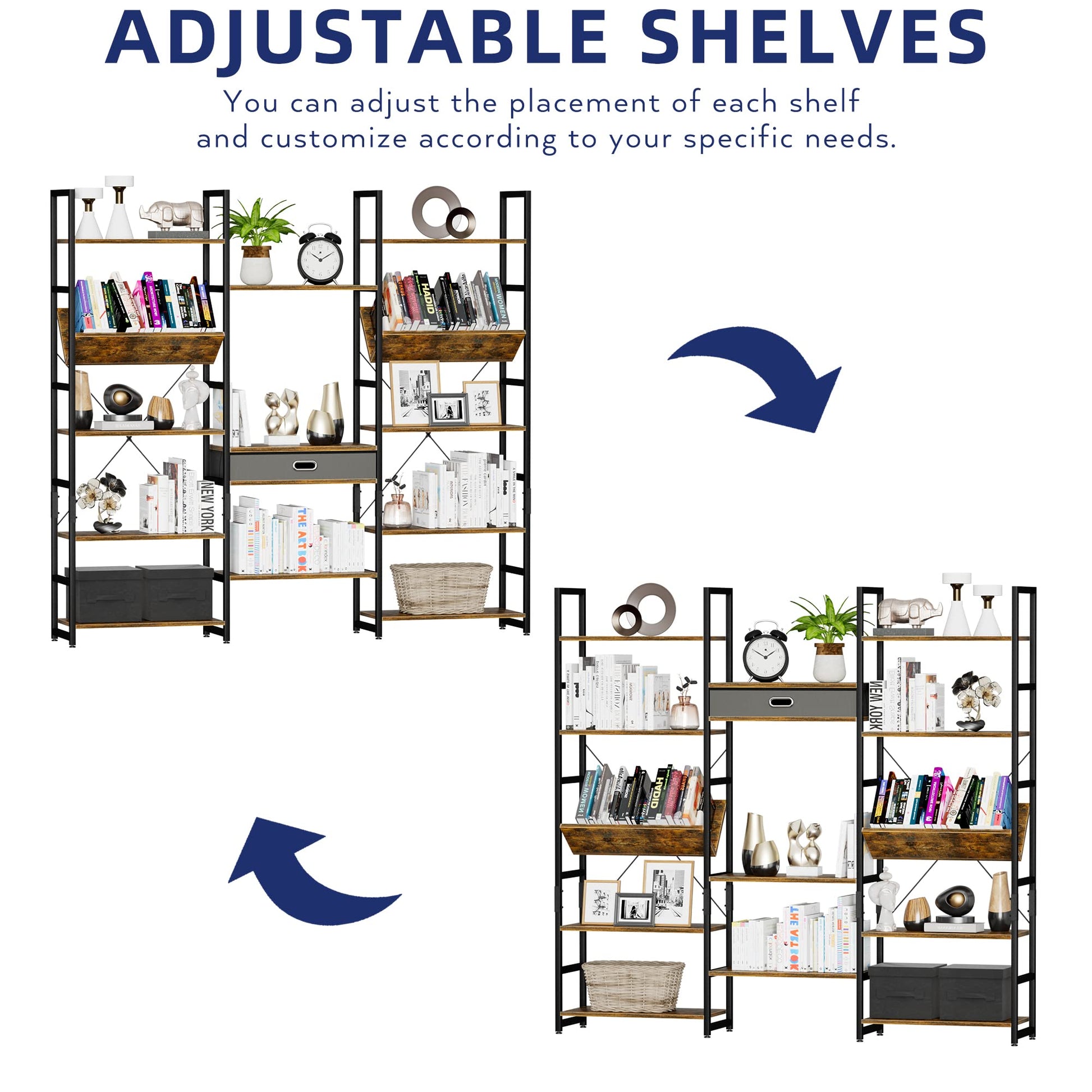 NUMENN Adjustable 5-Tier Triple Wide Rustic Industrial Bookshelf - WoodArtSupply