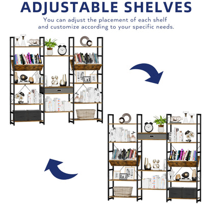 NUMENN Adjustable 5-Tier Triple Wide Rustic Industrial Bookshelf - WoodArtSupply