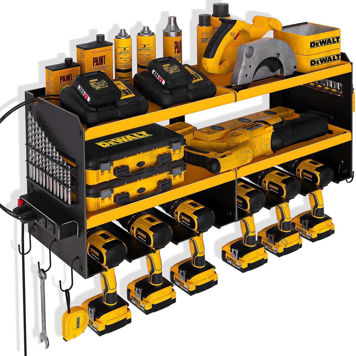 Spampur Power Tool Organizer Wall Mount with Charging Station, 6 Drill Holders Tool Shelf, Heavy Duty Garage shelves Utility Tool Storage, Tool Spampur