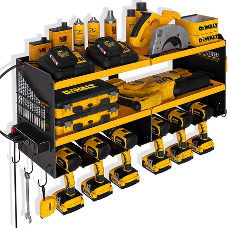 Spampur Power Tool Organizer Wall Mount with Charging Station, 6 Drill Holders Tool Shelf, Heavy Duty Garage shelves Utility Tool Storage, Tool Spampur