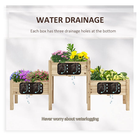 Outsunny Raised Garden Bed with 3 Planter Box, Elevated Wooden Plant Stand with Drainage Holes, for Vegetables, Herb and Flowers, Natural Outsunny