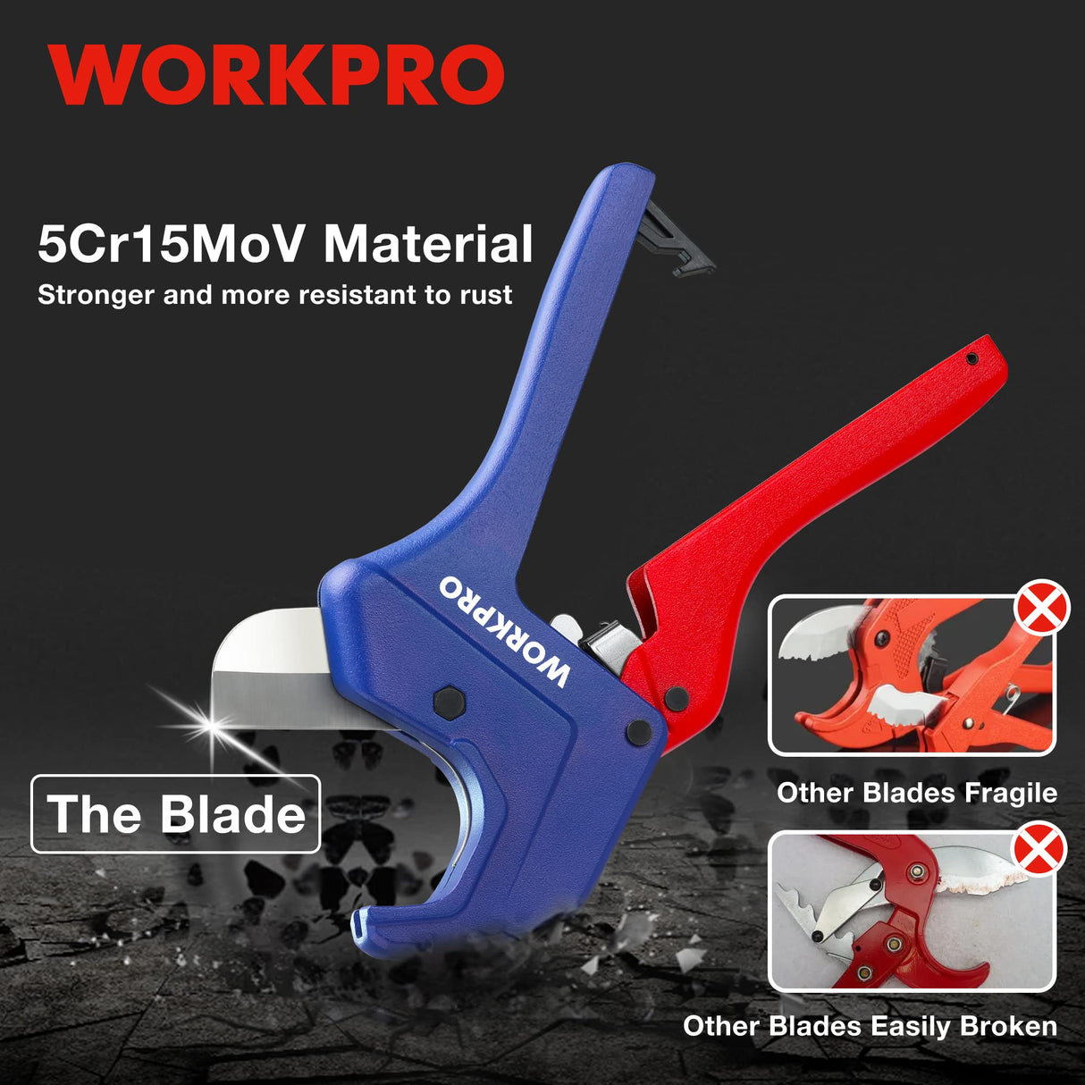 WORKPRO Ratchet PVC Pipe Cutter Tool, up to 1-5/8" PEX, PVC, PPR and Plastic Hoses, Pipe Cutters with Sharp 5Cr15MoV Stainless Steel Blades, Suitable WORKPRO