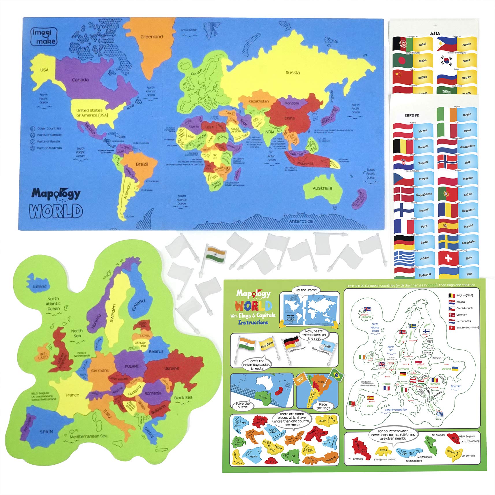 Imagimake Mapology United States & World Map Puzzle with Flags, Countries & Capitals | US Educational Toy for Kids 4-8 | Learn Geography Puzzle for - WoodArtSupply