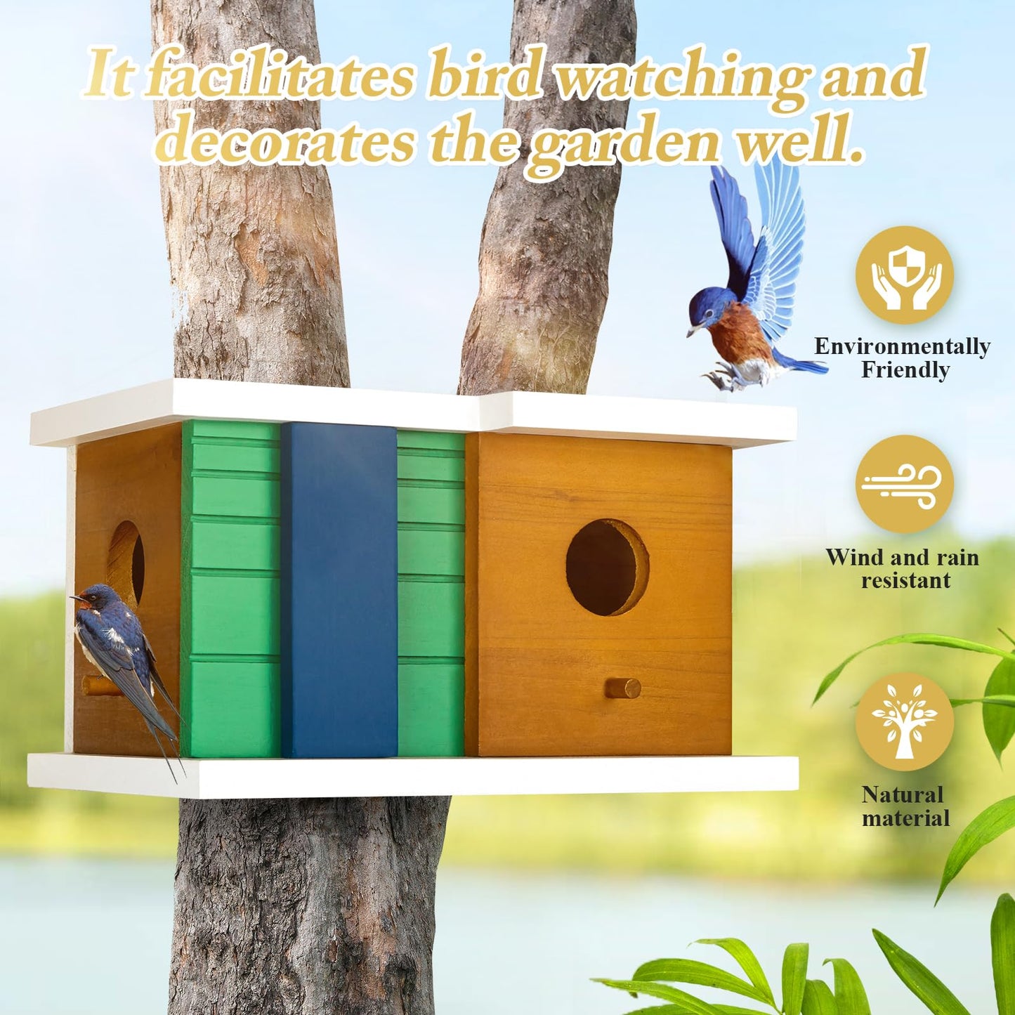 Bird House Wooden Birdhouse with 2 Holes - Bird House for Outside Ideal for Bluebird,Finch, Cardinals and Garden Wild Birds - Outdoor Hanging Bird