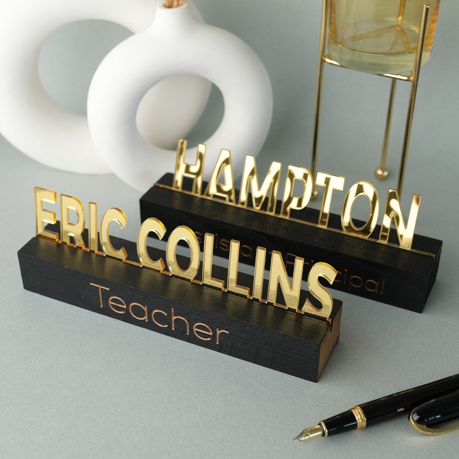 Personalized Desk Name Plate, Office Desk Sign, Custom Gold Acrylic on Black Wood Desk Name Plate - Personalized Office Decor - WoodArtSupply