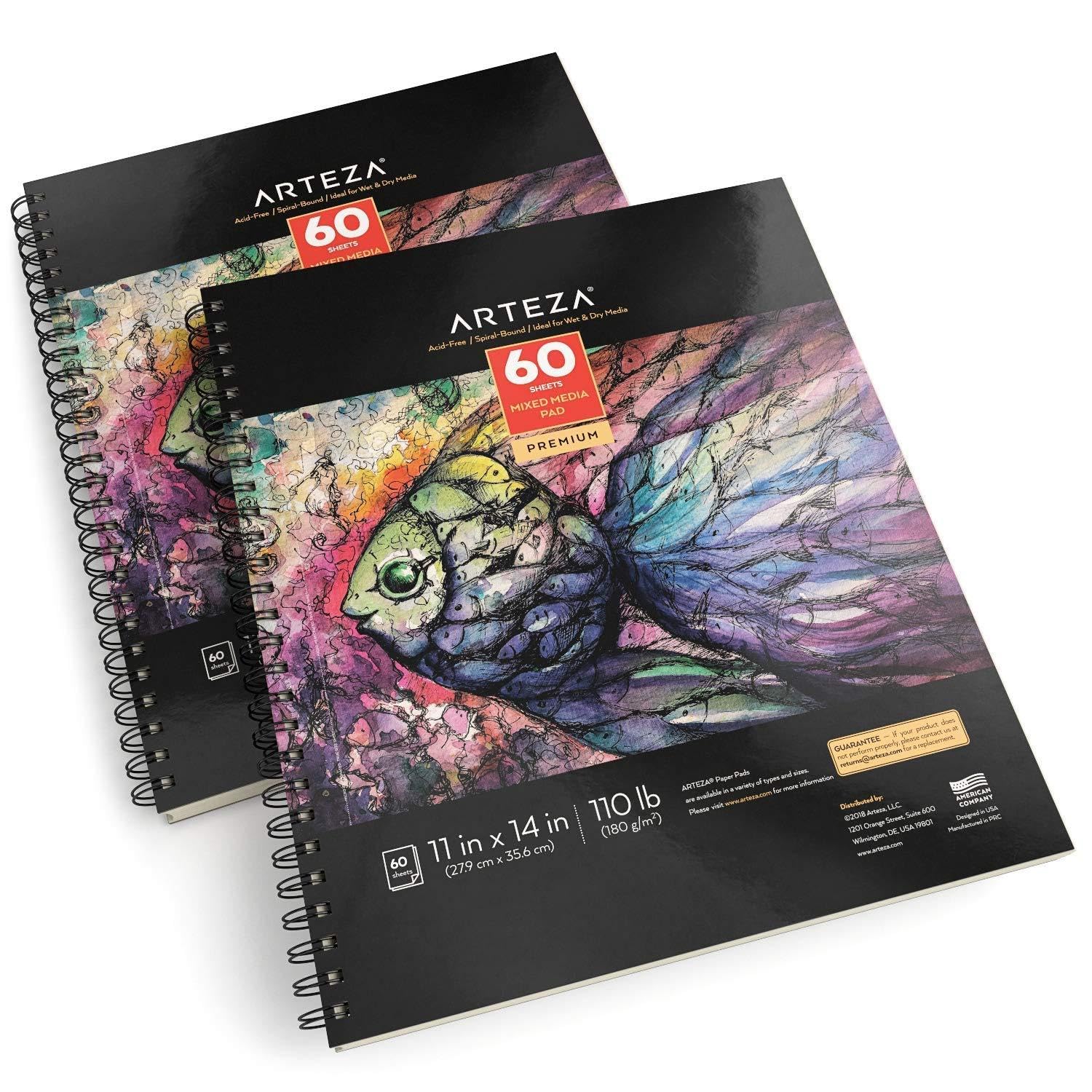 ARTEZA Mixed Media Sketchbook, 11 x 14 Inches, Pack of 2, 110lb/180gsm Mixed Media Paper, 120 Sheets, Spiral-Bound Multi Media Pads, Art Supplies for ARTEZA