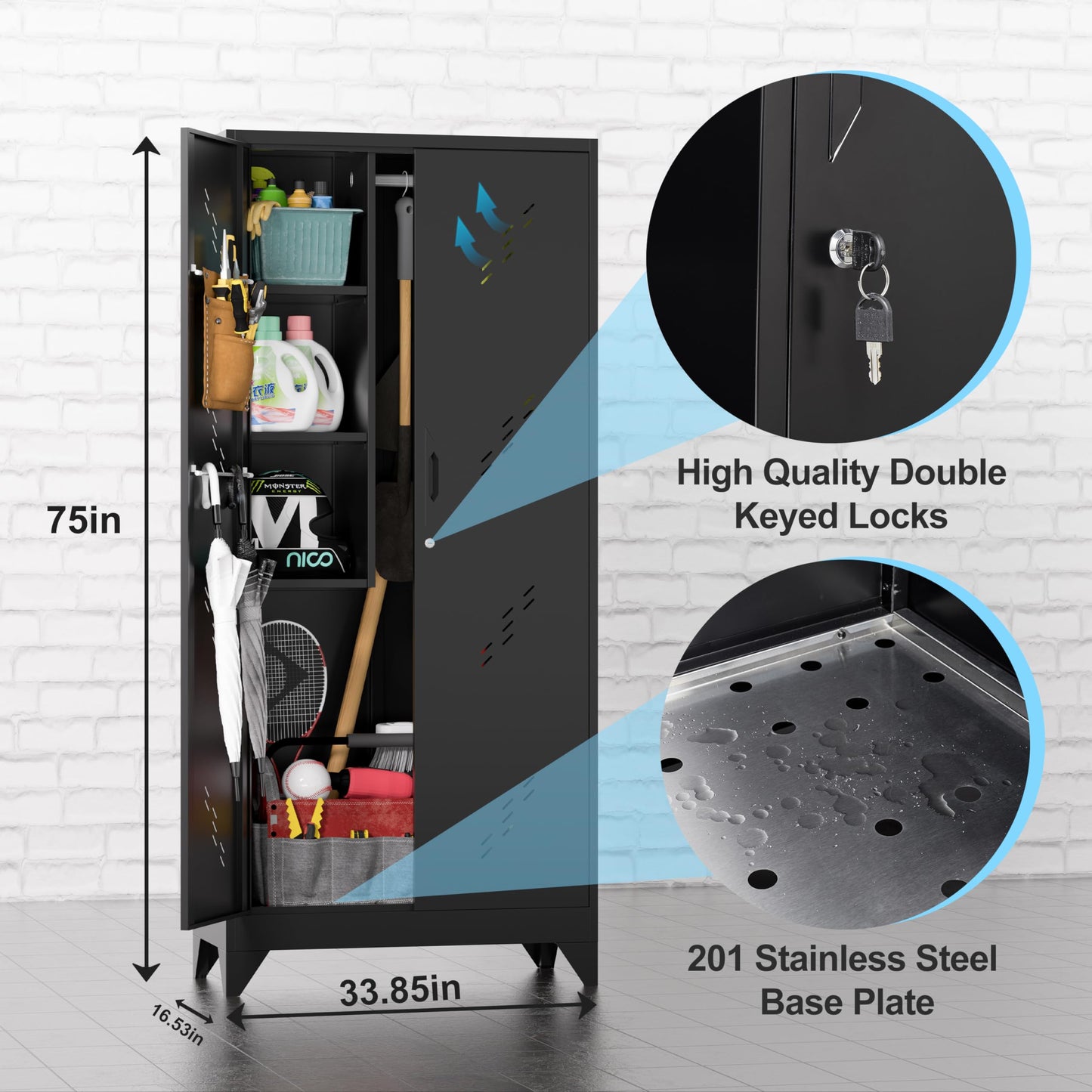 LyAosdFu Metal Storage Cabinets, 75" Cleaning Tool Cabinet with Locking Door, Tall Broom Tool Organizer and Storage, Large Storage Cabinet for - WoodArtSupply