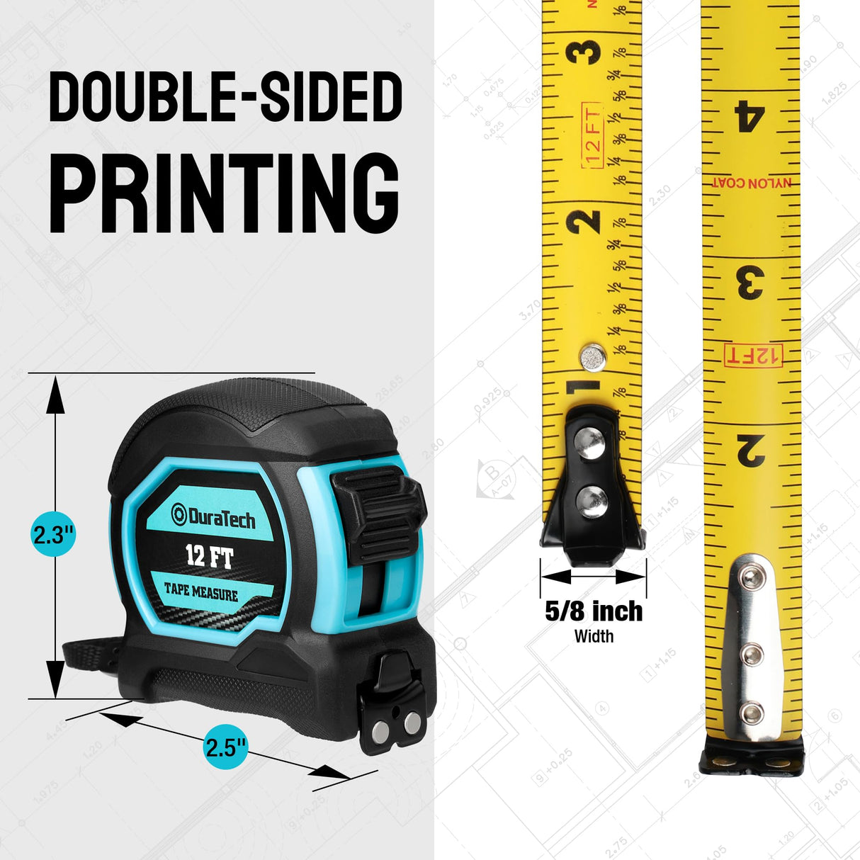 DURATECH Magnetic Tape Measure 12FT with Fractions 1/8, 2 Pack Retractable Measuring Tape, Easy to Read Both Side Measurement Tape, Magnetic Hook and DURATECH