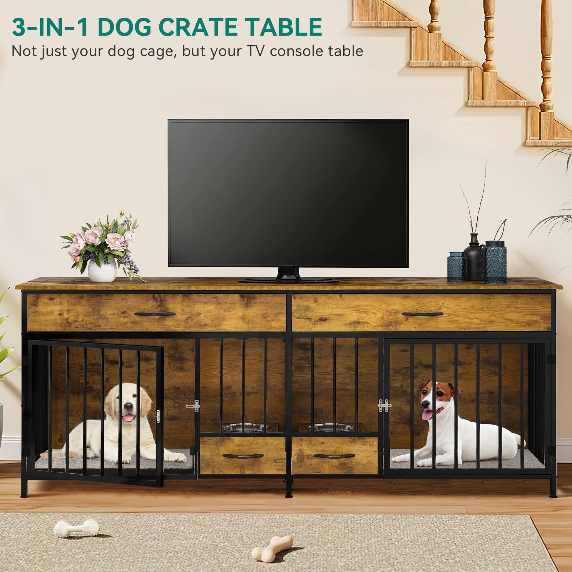 YITAHOME Dog Crate Furniture TV Stand Large Breed with Dog Feeder, 74.8" Inch Wooden Decorative Dog Kennel Furniture Indoor Heavy Duty Dog Crate with - WoodArtSupply