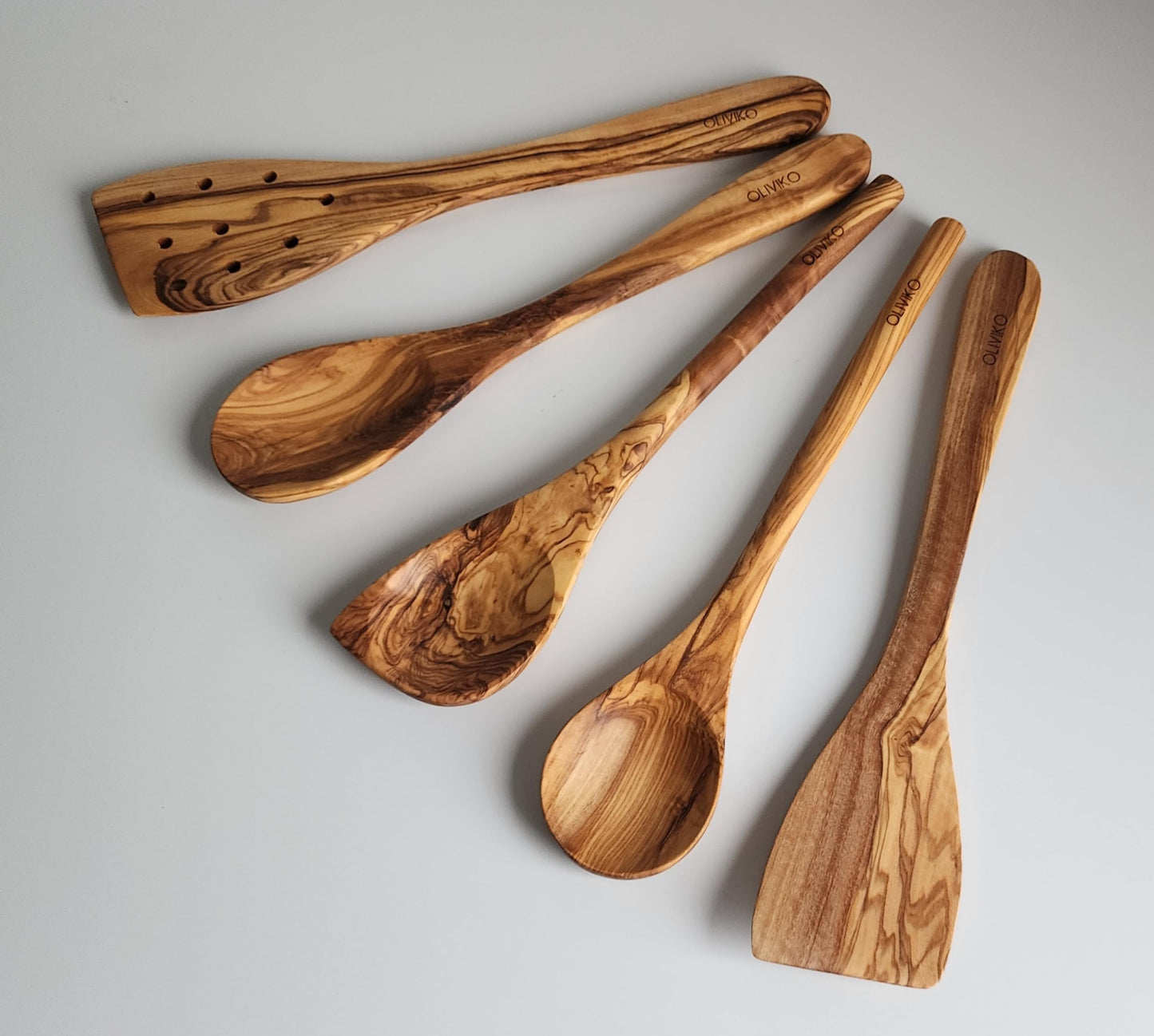 OLIVIKO 100% Olive Wood HANDMADE 5 Spoon Set | Ideal for Nonstick Cookware & Kitchen Utensils | Cooking, Baking & Serving | Eco-friendly & SALAD TONG - WoodArtSupply