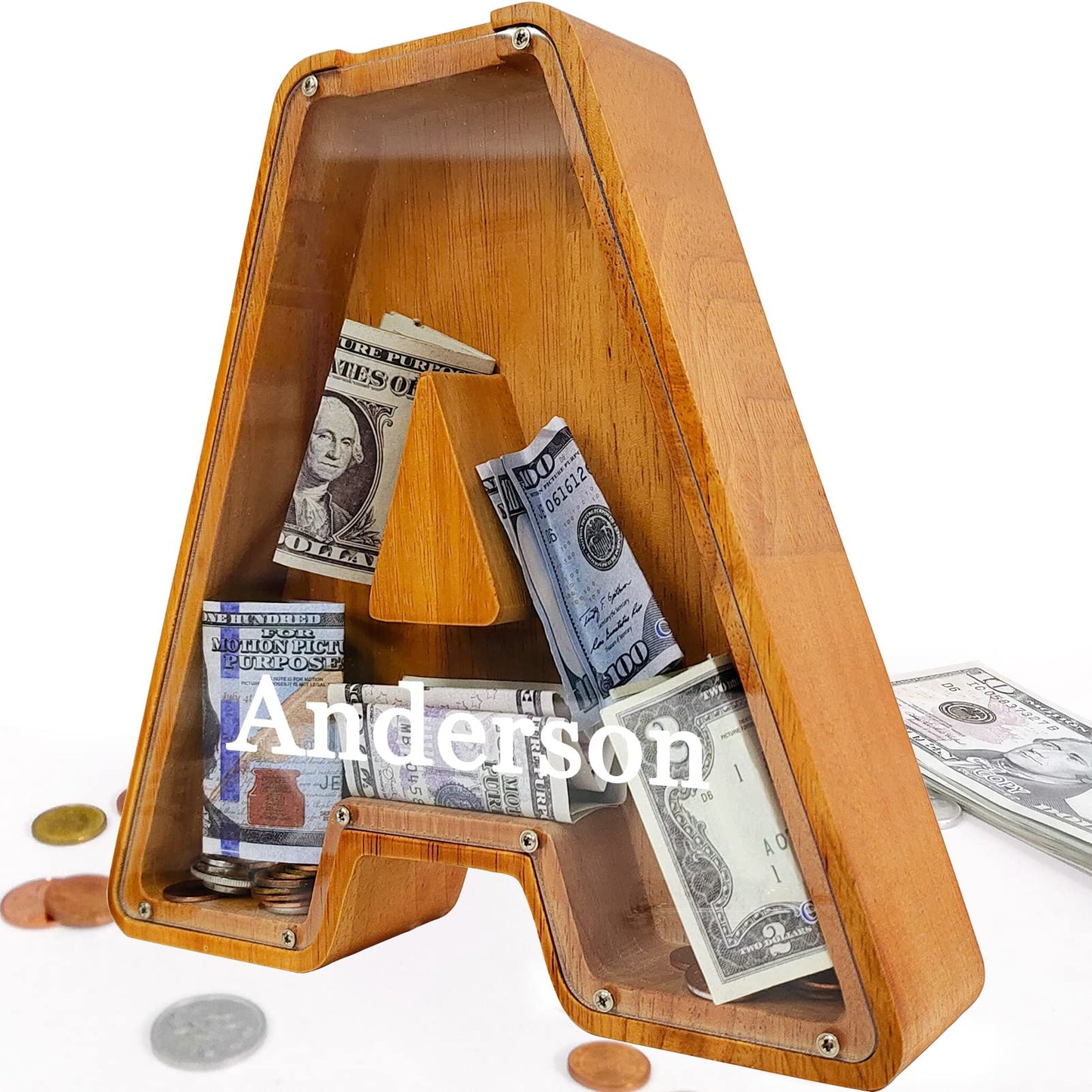 Custom Wooden Piggy Bank, (Laser Engraved Name) Large Wood Bank, 4-in-1 Creative Alphabet Storage Tank Personalized Letters Coin Bank Customized Wood