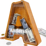 Custom Wooden Piggy Bank, (Laser Engraved Name) Large Wood Bank, 4-in-1 Creative Alphabet Storage Tank Personalized Letters Coin Bank Customized Wood Sulevalt