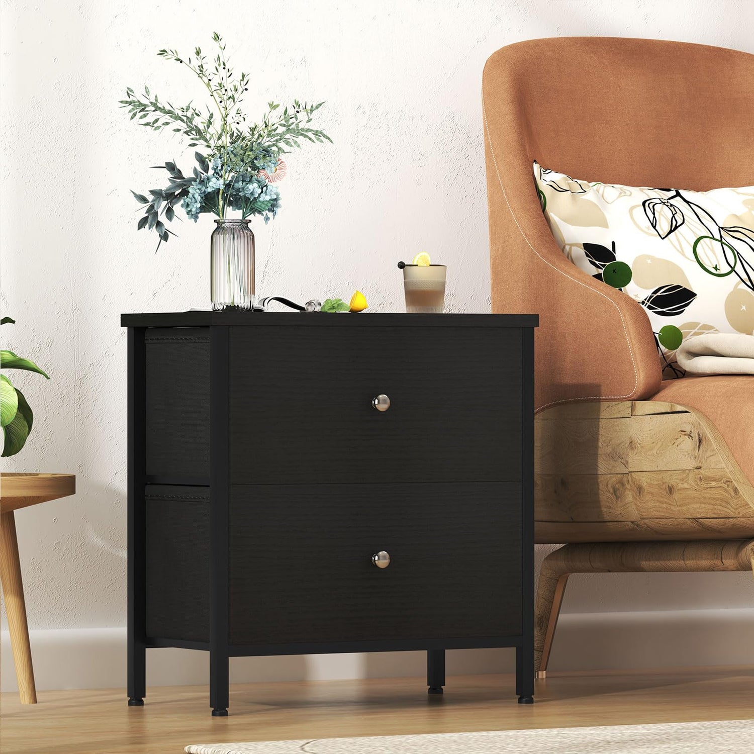 BOLUO Black Nightstands Set of 2, 2 Drawer Dresser for Bedroom Night Stand Small Nightstands End Table with Fabric Drawers Modern BOLUO