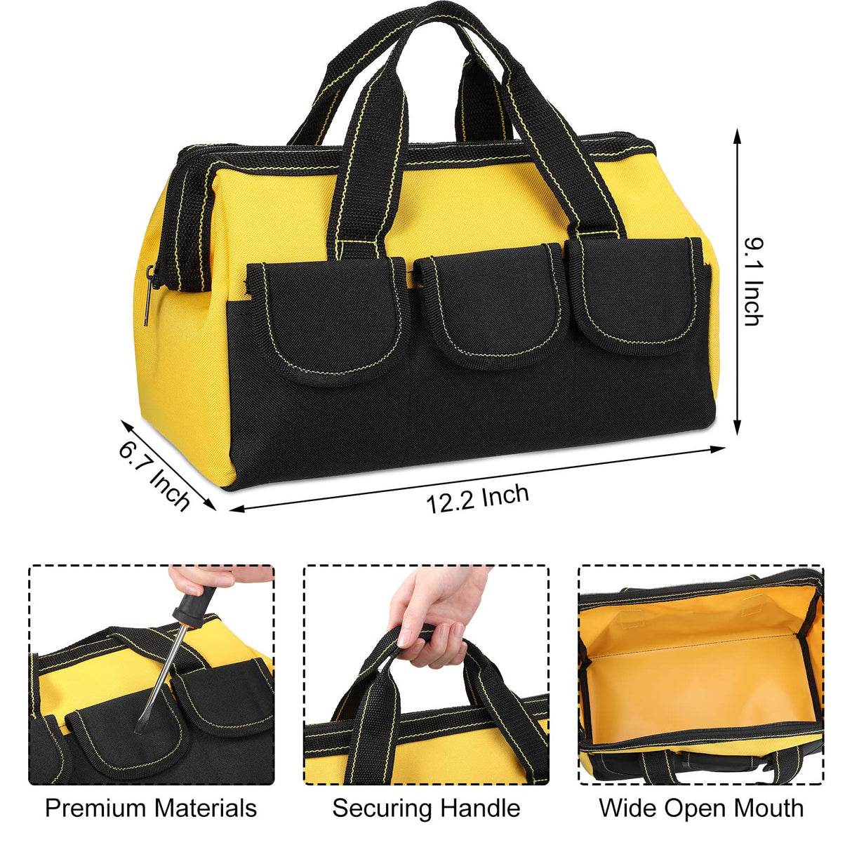 3 Pack Tool Bag for Men with Waterproof Hard Bottom, Heavy Duty Tool Bag Wide Mouth Tool Tote for Various Tools, Electrician Carpenter Mechanic Sanwuta