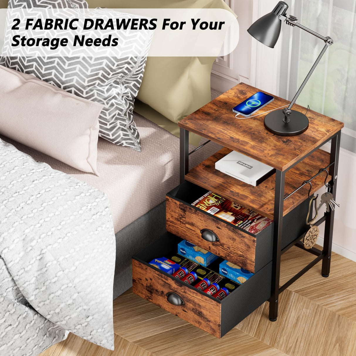 Furologee Nightstand Set of 2, Rustic Brown, with Charging Station and USB Ports, Side Tables with 2 Fabric Drawers, Bedside Tables with Storage Furologee