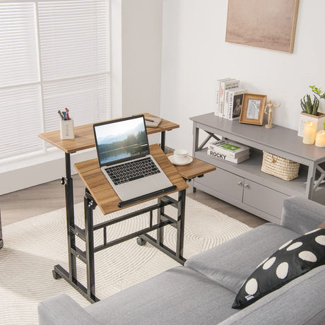 Tangkula Mobile Standing Desk Stand Up Desk, Height Adjustable Home Office Desk with Standing & Seating 2 Modes, Tilting Tabletop & Flexible Wheels, Tangkula