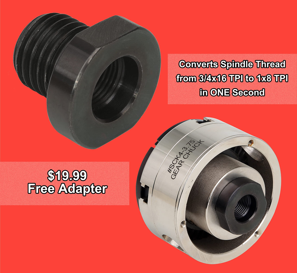 VINWOX SCK4-3.5NV-SET Mini, Midi and Heavy-Duty 3-1/2” Wood Lathe Gear Chuck Set, Wood Lathe Key Chuck Set, 4-Jaw Self-Centering Chuck, 1"x8TPI VINWOX