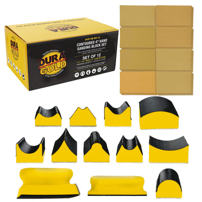 Dura-Gold 12-Piece Contoured Profile 4" Hand Sanding Block Set with 40 Sheet Hook & Loop Sandpaper Kit - Interchangeable Assorted Convex & Concave