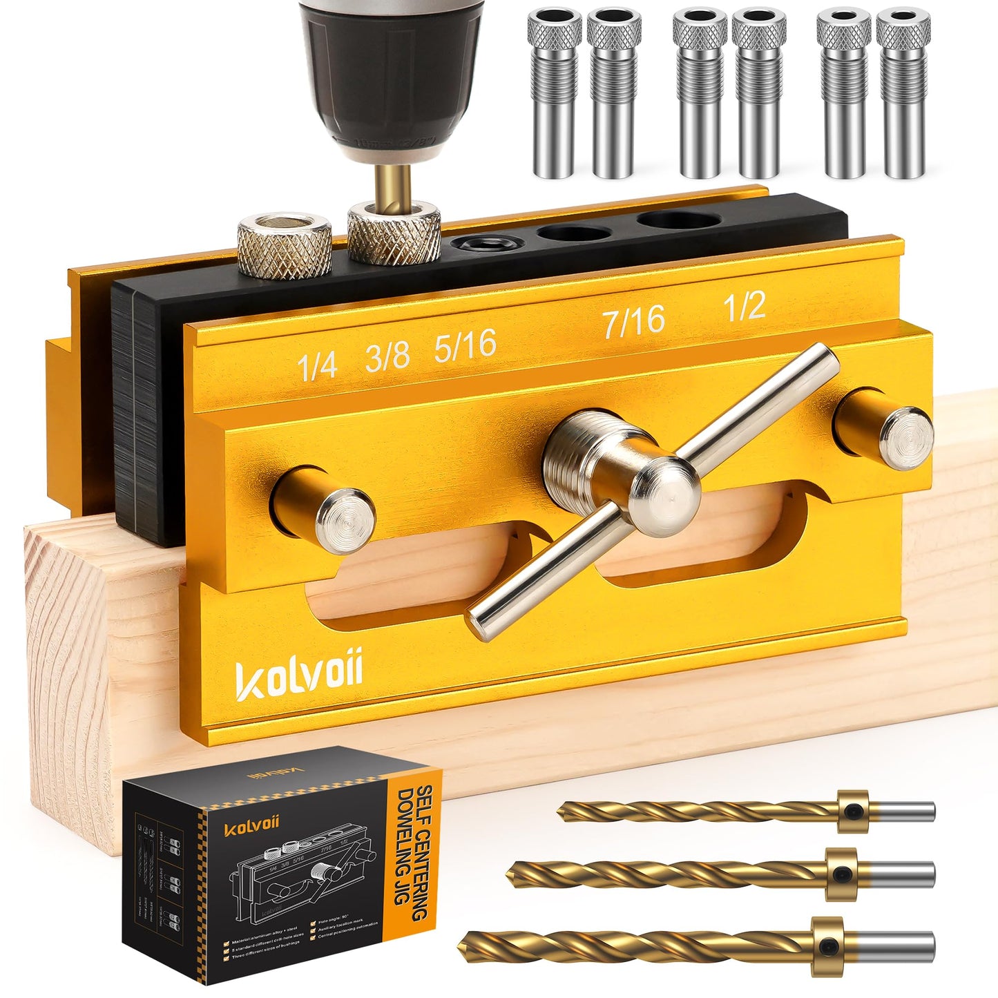 Kolvoii Self Centering Doweling Jig, Dowel Jig Kit Width Adjustable for Straight Holes Biscuit Joiner Tools with 3 High Speed Steel Drill Bits, 6