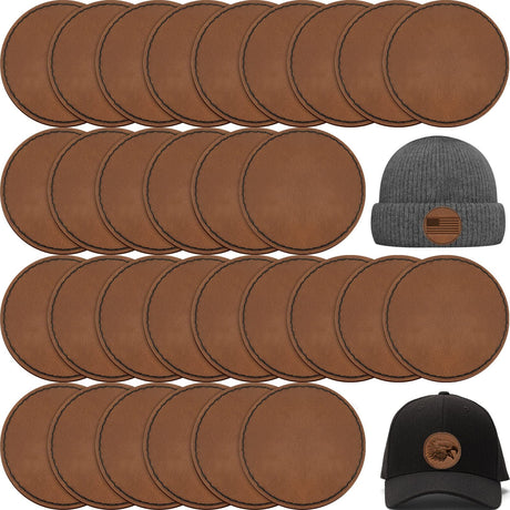 30 Pcs Blank Leather Hat Patches with Adhesive Round Laserable Leatherette Patch Brown Faux Leather Patches Glowforge Laser Supplies for Hats, Dunzy