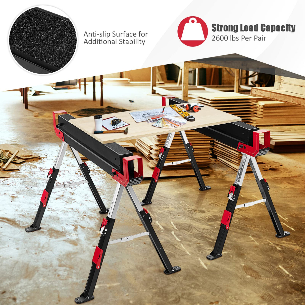 GOFLAME Folding Sawhorses 2 Pack, Portable Sawhorse with Height Adjustable Legs, Metal Top for 2 x 4, Easy Carry Handle, Heavy-Duty Steel Sawhorse GOFLAME