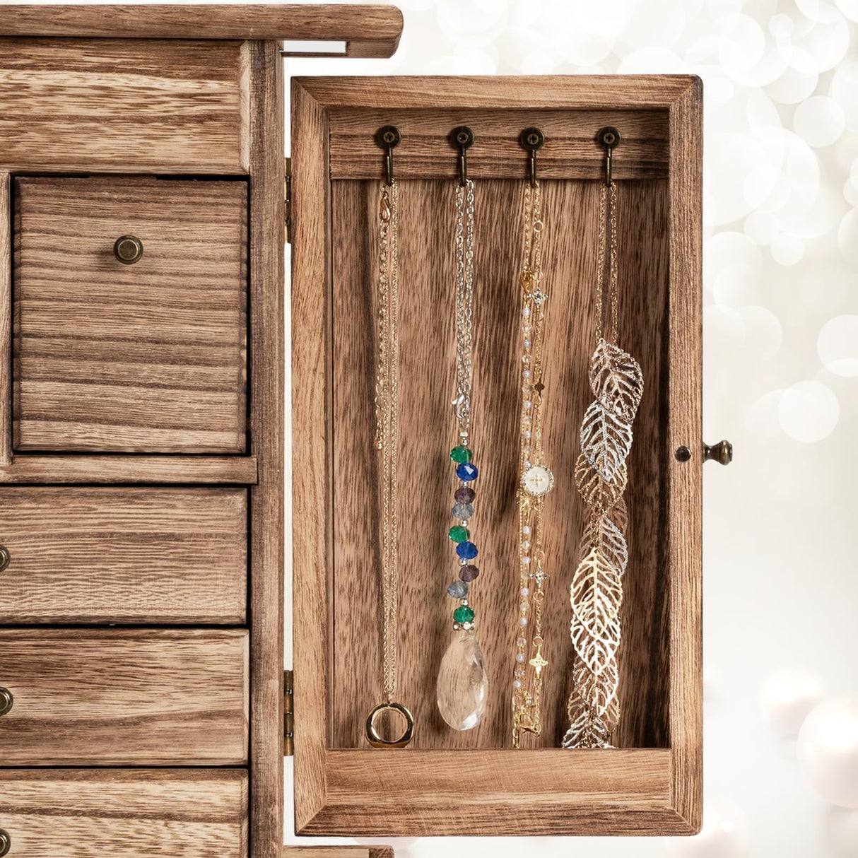 Yoimori Jewelry Box for Women, Rustic Wooden Jewelry Boxes & Organizers with Mirror & Drawers,6 Layer Jewelry Organizer Box for Rings Earrings Yoimori