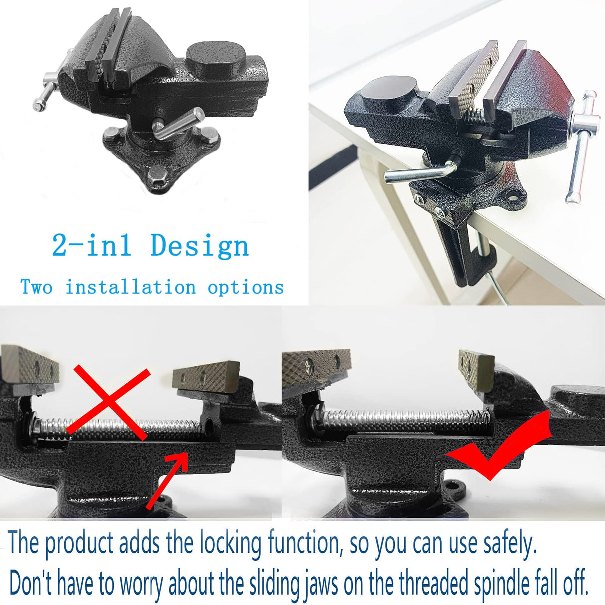 2-in-1 Dual-Purpose Combined Bench Vise or Table Vise with end-locking arrangement; Portable Universal Rotate 360° Work Clamp-On Vise, 2.5" Black Jingqis