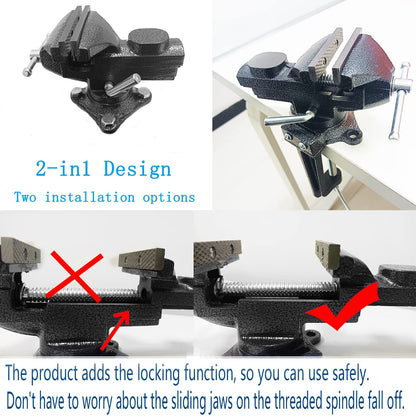 2-in-1 Dual-Purpose Combined Bench Vise or Table Vise with end-locking arrangement; Portable Universal Rotate 360° Work Clamp-On Vise, 2.5" Black