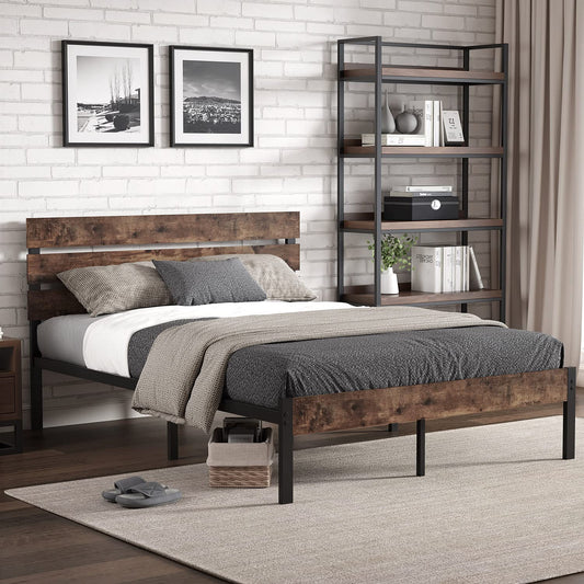 TXIYEAN Heavy Duty Bed Frame with Vintage Wooden Headboard and Noise-Free Metal Slats - Twin XL, Queen, King Sizes Available - WoodArtSupply