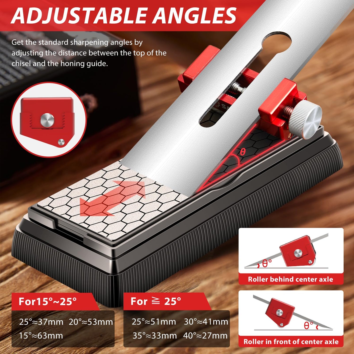 Saker Honing Guide with Whetstone - Red Off-Center Upgraded Honing Tool and Diamond Sharpening Stone Set Kit for Knife, Short Chisels and Planes, Saker