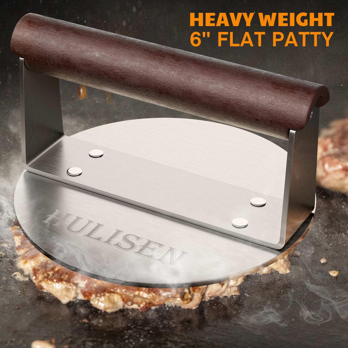 HULISEN Stainless Steel Burger Press, Heavy Weight Smashed Burger Press, Grill Press with Heat Resistant Wood Handle, 6 Inch Burger Smasher, BBQ HULISEN