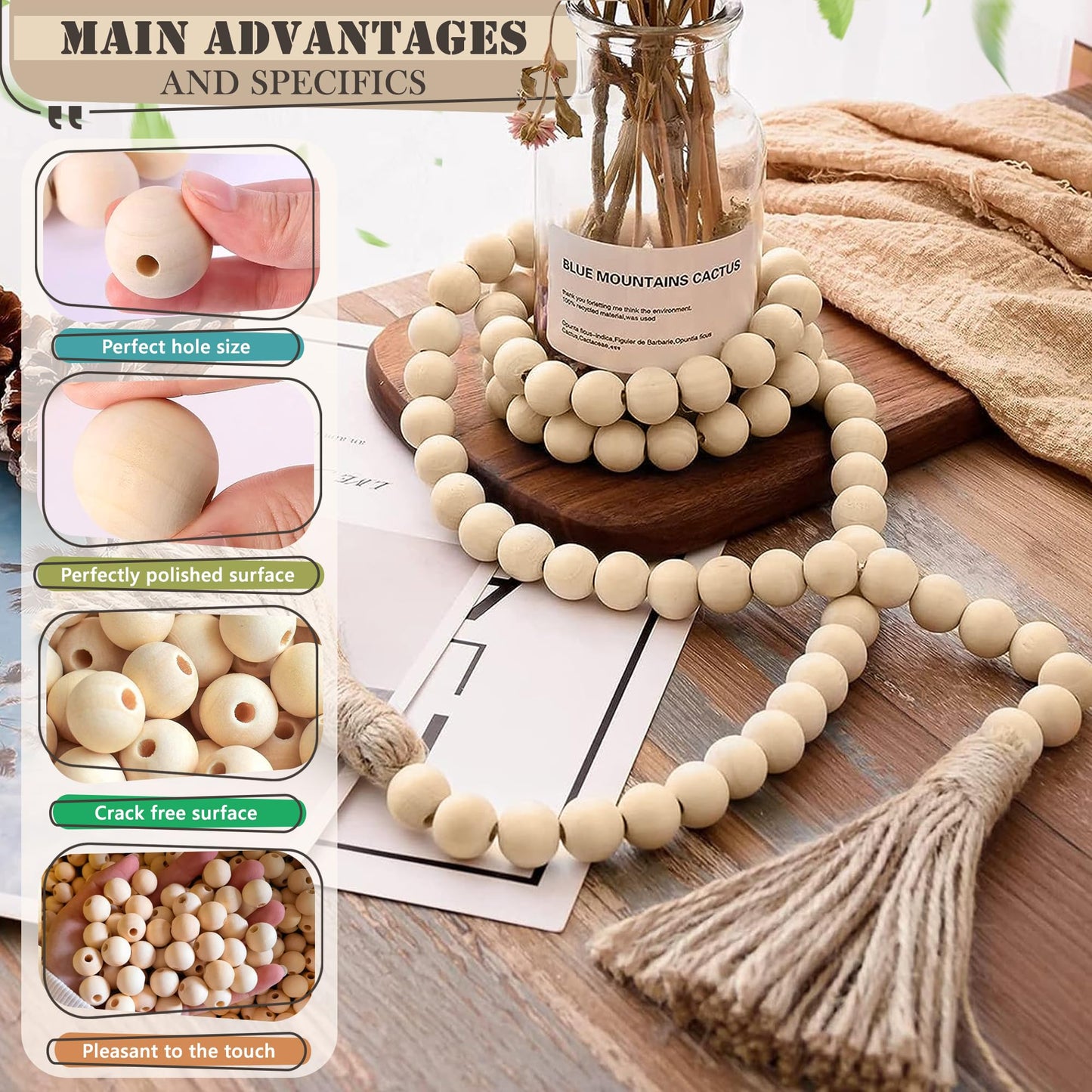 1070 Pcs Wooden Beads with Jute Twine – 7 Size Assortment Pack of Wood Beads – Pure Lotus Wooden Beads for Crafts – Natural Round Beads for Crafts