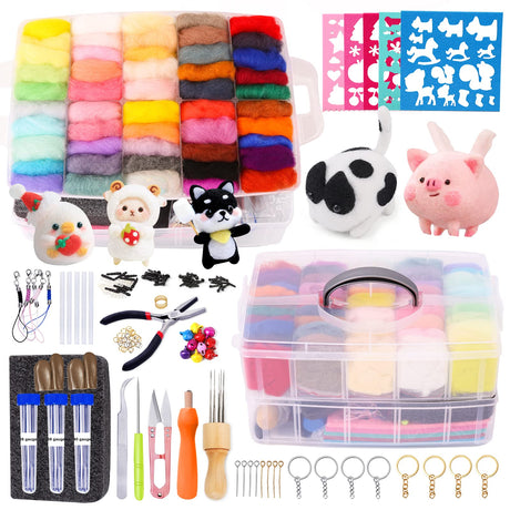 QMNNMA 241 Pcs Needle Felting Kit - Complete Needle Felting Tools and Supplies with Felt Wool 50 Colors, Felt Molds, High Density Foam Pad Storage QMNNMA
