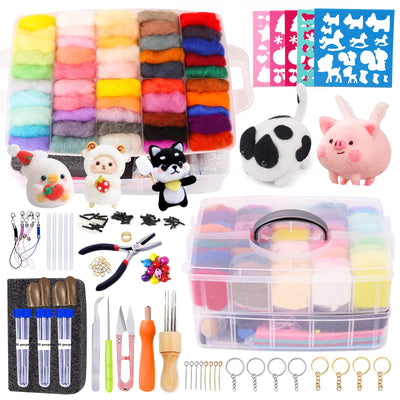 QMNNMA 241 Pcs Needle Felting Kit - Complete Needle Felting Tools and Supplies with Felt Wool 50 Colors, Felt Molds, High Density Foam Pad Storage