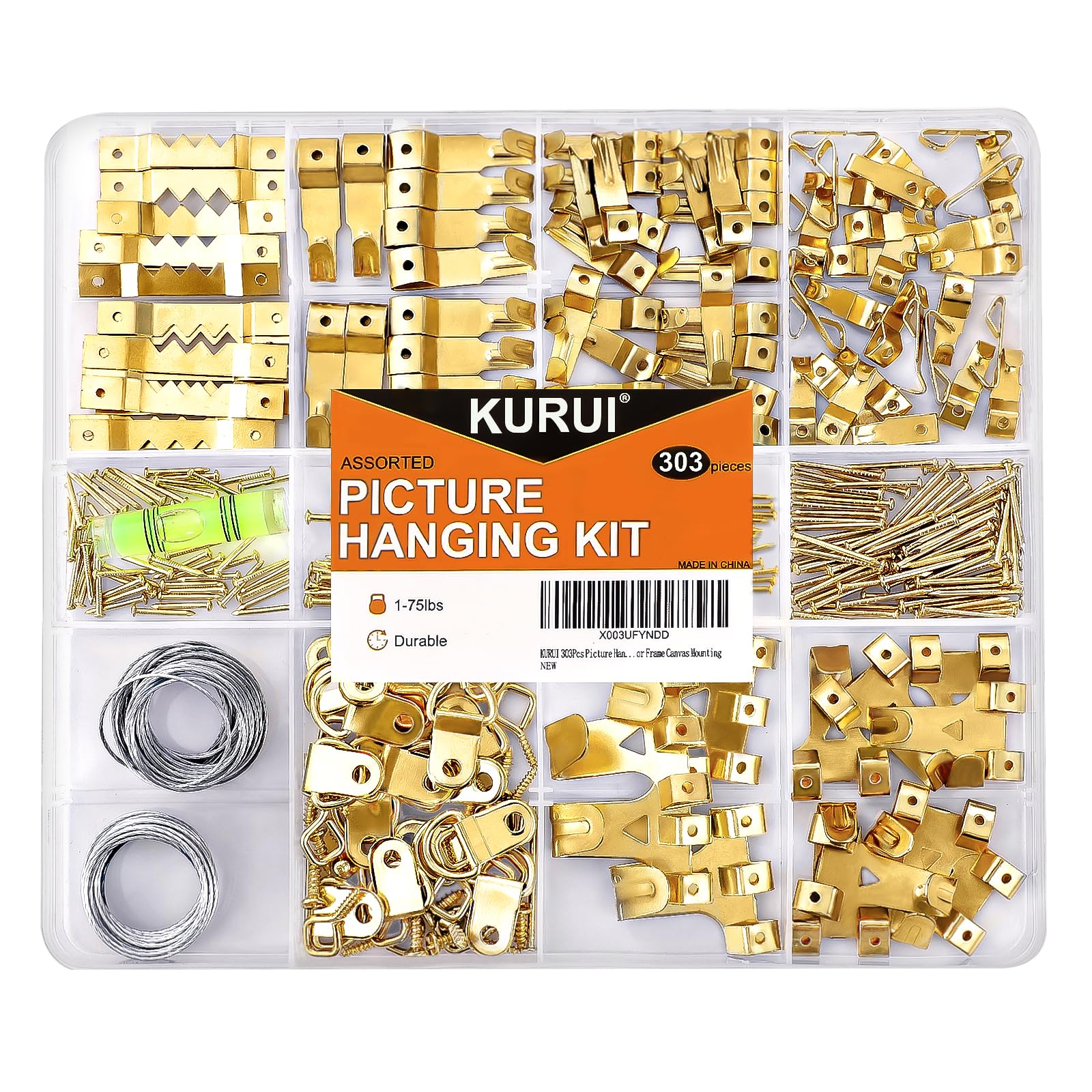 KURUI 303pcs Picture Hanging Kit, Picture Hangers Assorted Kit with Heavy Duty Wall Hooks, Sawtooth, Picture Wire, D Rings, Hardware Nails, Eye