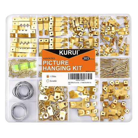 KURUI 303Pcs Picture Hanging Kit, Picture Hangers Assorted Kit With Heavy Duty Wall Hooks, Sawtooth, Picture Wire, D Rings, Hardware Nails, Eye Hooks KURUI
