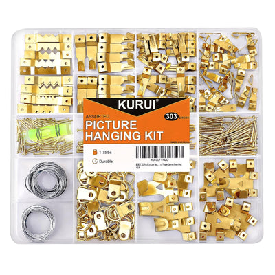 KURUI 303Pcs Picture Hanging Kit, Picture Hangers Assorted Kit With Heavy Duty Wall Hooks, Sawtooth, Picture Wire, D Rings, Hardware Nails, Eye Hooks