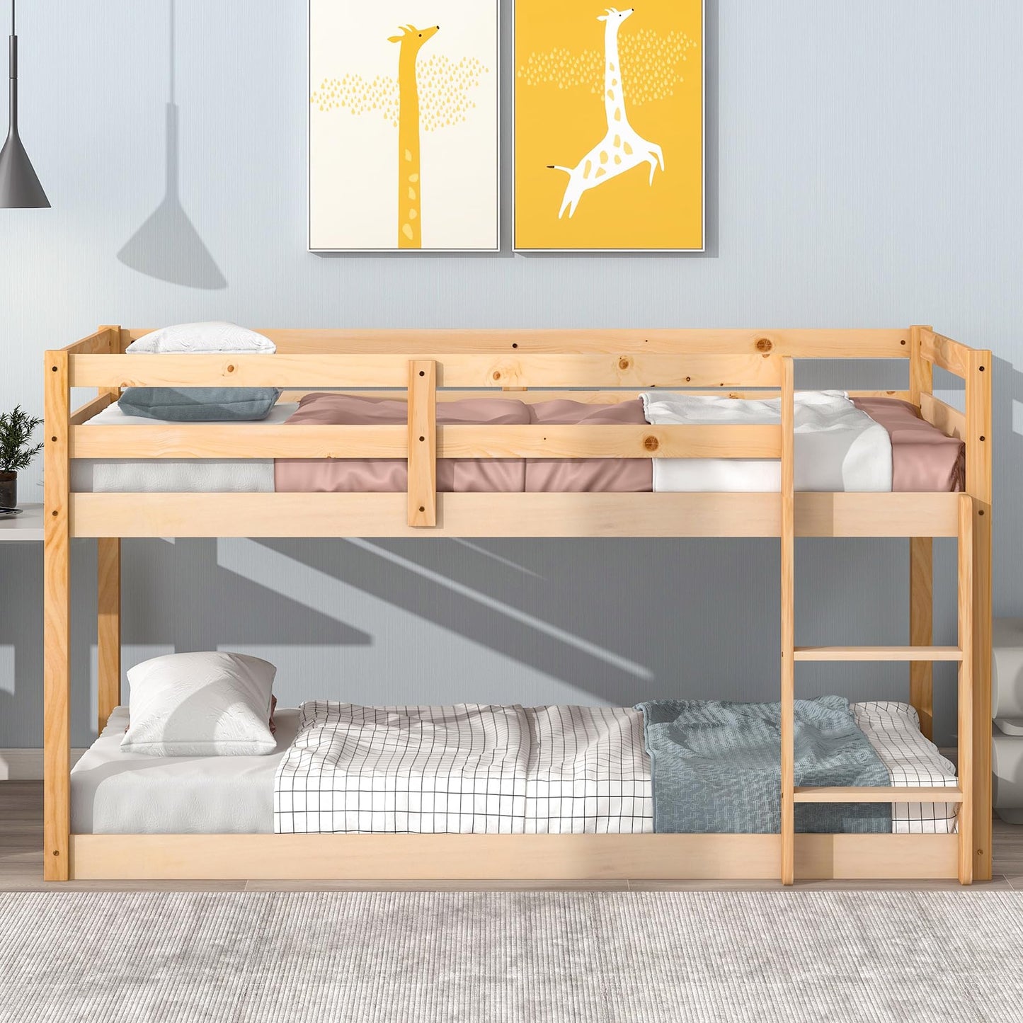 CNANXU Twin Low Bunk Bed - Space-Saving Wood Loft Bed for Kids with Ladder and Full Length Guardrail