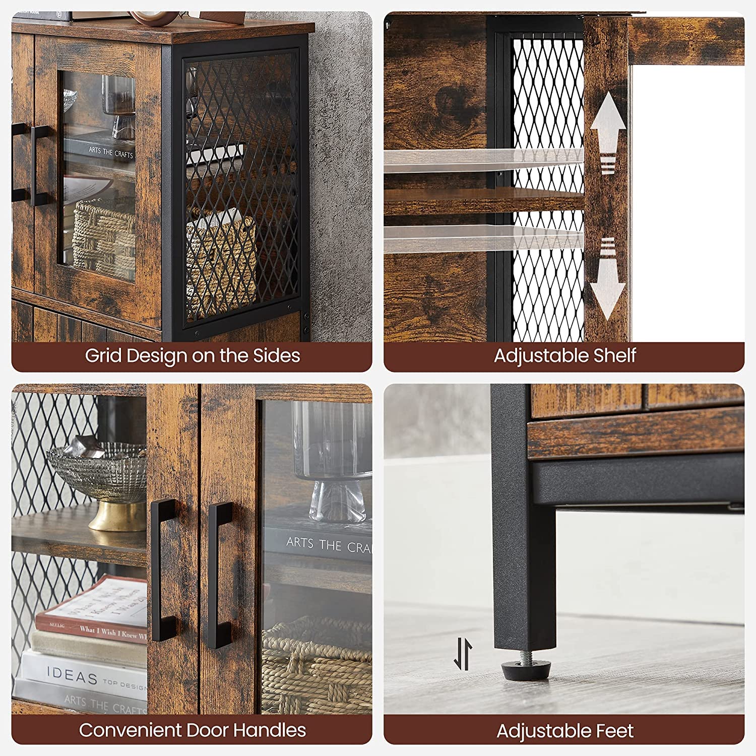 VASAGLE Pantry, Storage Cabinet with Door and Adjustable Shelf, for Living Room Kitchen, Industrial Style, Rustic Brown and Black ULSC260B01 VASAGLE