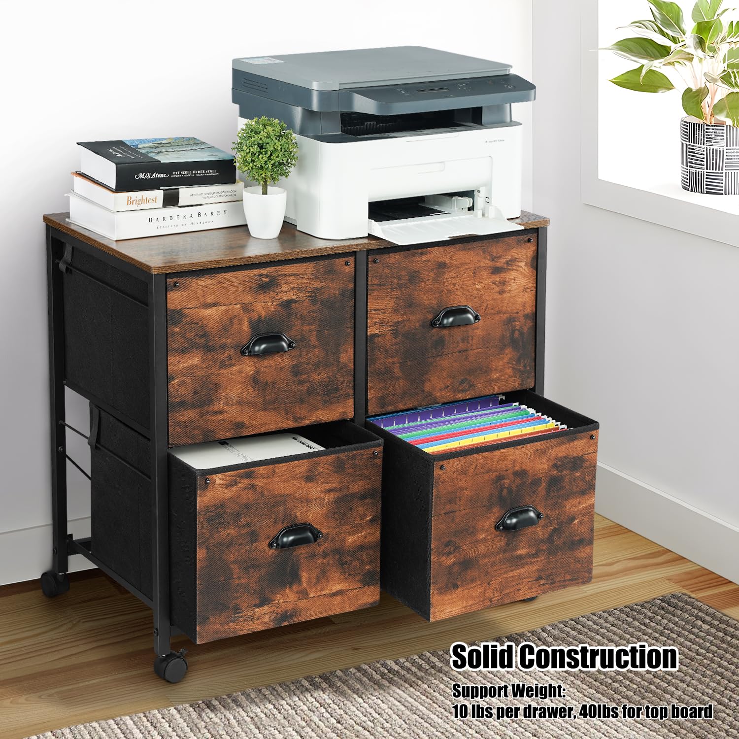 TOPSKY 4 Drawers Mobile Fabric Lateral File Cabinet with Casters for Letter Size File (Rustic Brown) - WoodArtSupply