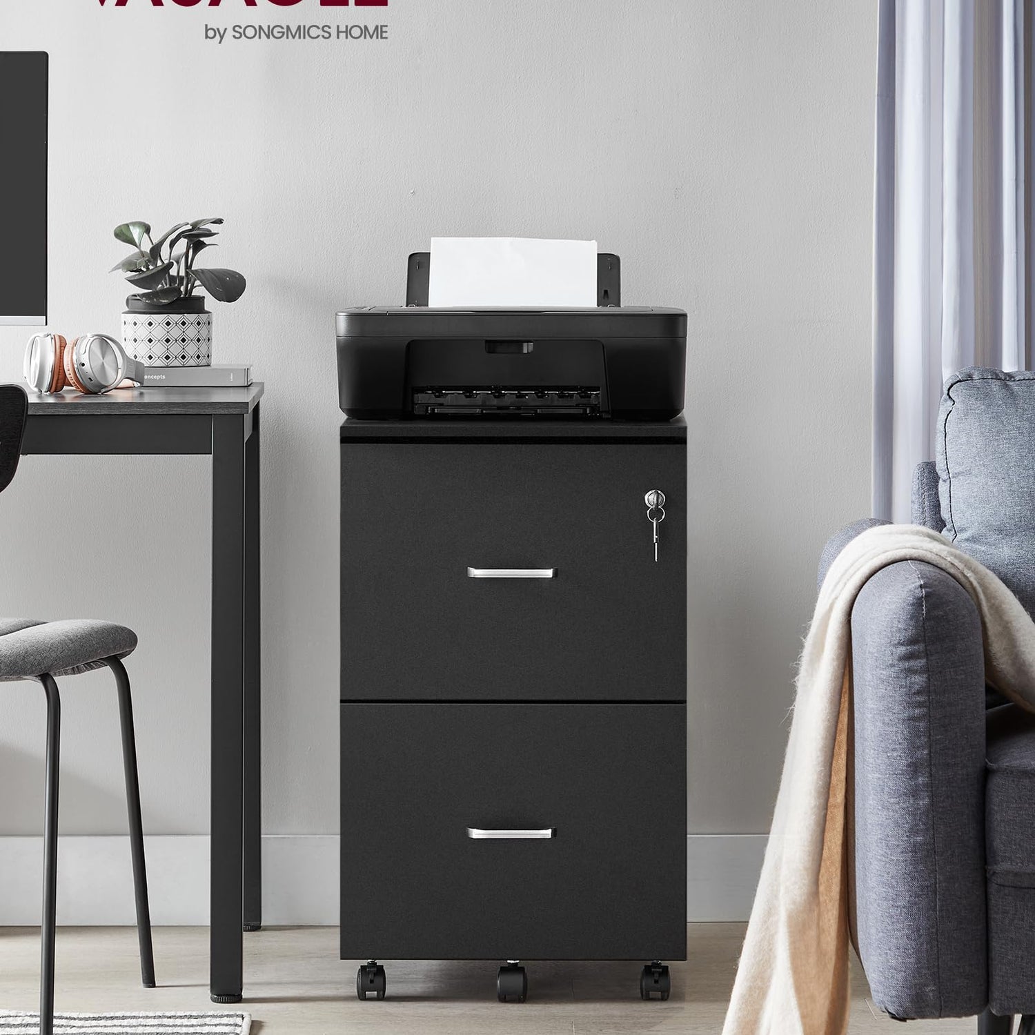 VASAGLE 2-Drawer File Cabinet, Locking Wood Filing Cabinet for Home Office, Small Rolling File Cabinet, Printer Stand, for A4, Letter-Size Files, VASAGLE