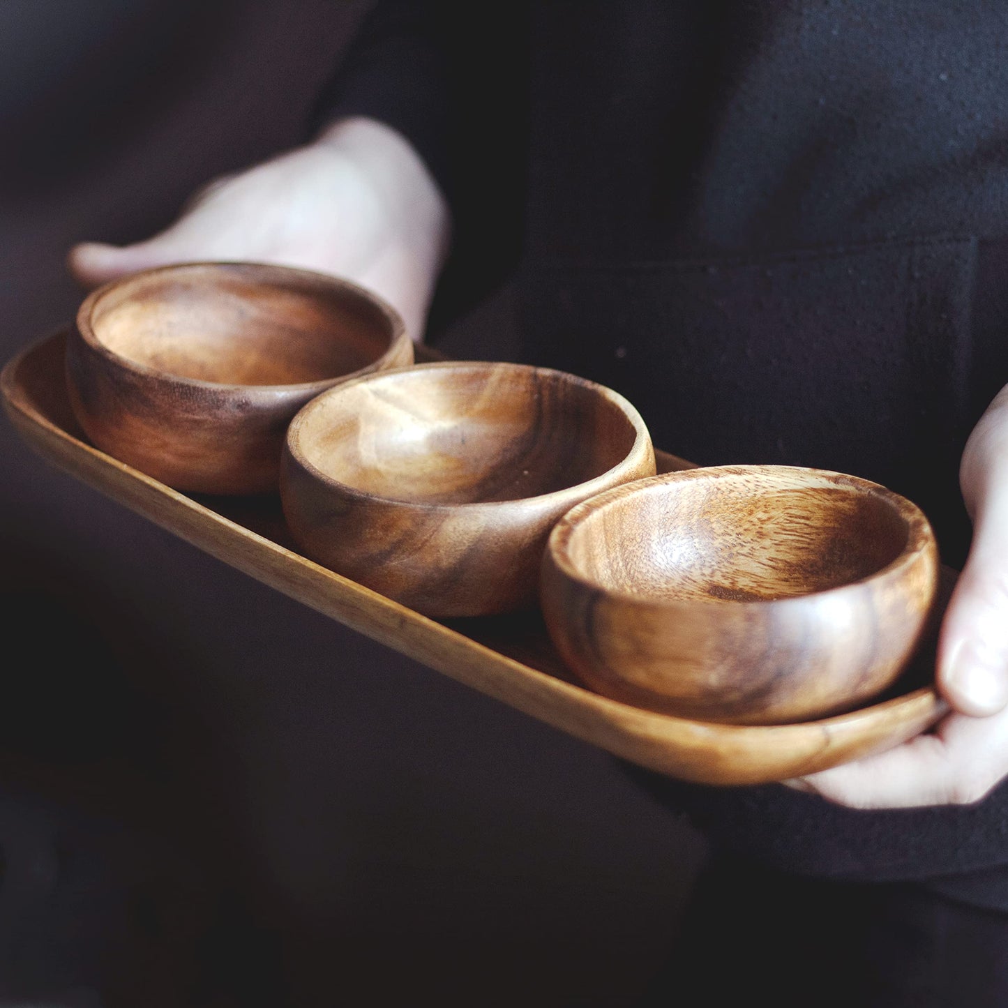 cintika Hand-Carved Set of 4 Acacia Calabash Bowls with Baguette Tray. Durable Wooden Bowl Set. Snack, nut, dip bowl. - Wooden Dinnerware set. 4" - WoodArtSupply