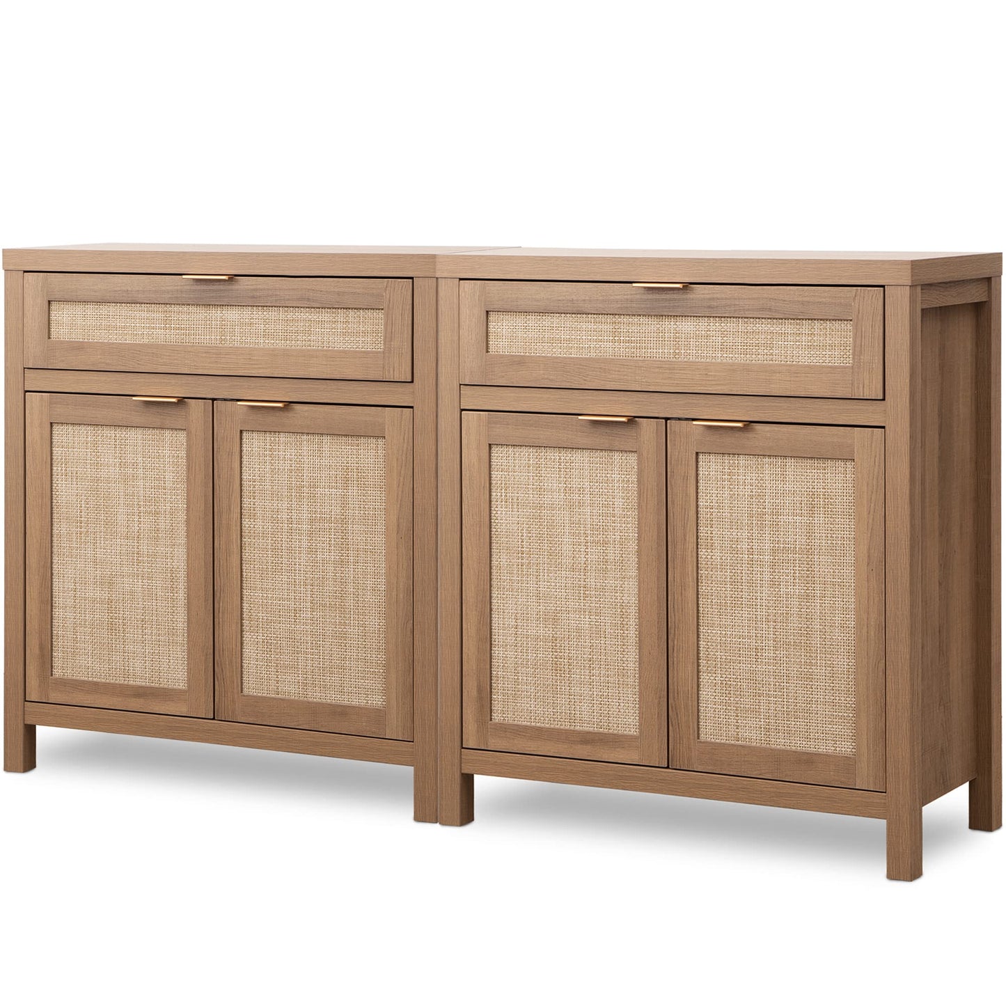 SICOTAS Sideboard Buffet Cabinet Set of 2, Rattan Credenza Storage Cabinet, Boho Buffet Table Console Cabinet with Drawer, Farmhouse Coffee Bar