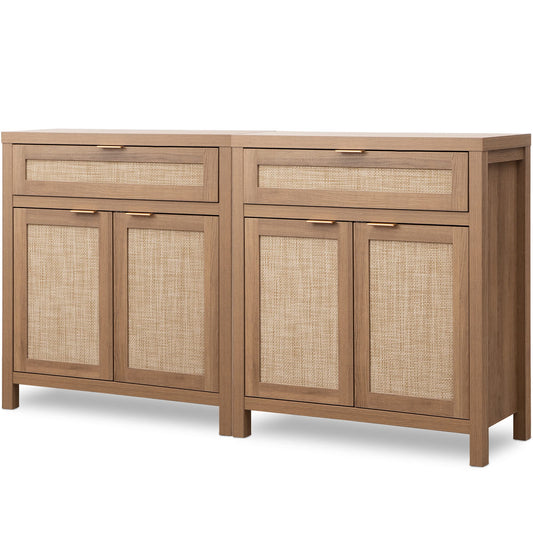 SICOTAS Sideboard Buffet Cabinet Set of 2, Rattan Credenza Storage Cabinet, Boho Buffet Table Console Cabinet with Drawer, Farmhouse Coffee Bar - WoodArtSupply