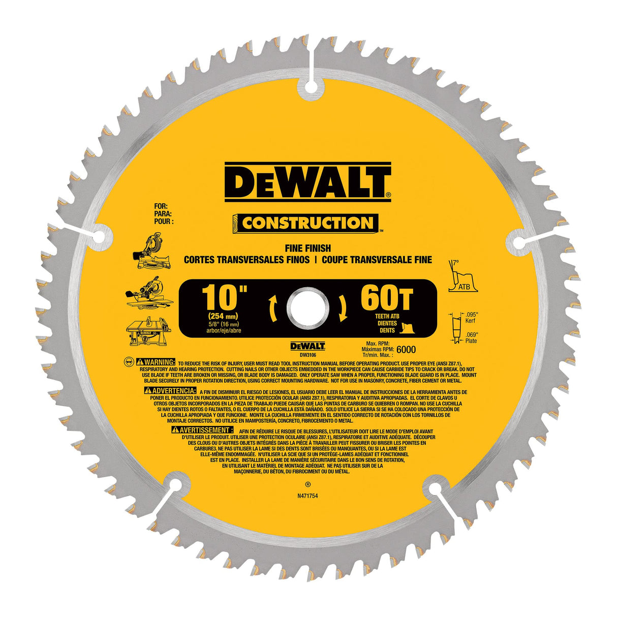 DEWALT 10-Inch Miter / Table Saw Blade, ATB, Thin Kerf, Crosscutting, 5/8-Inch Arbor, 60-Tooth (DW3106) DEWALT