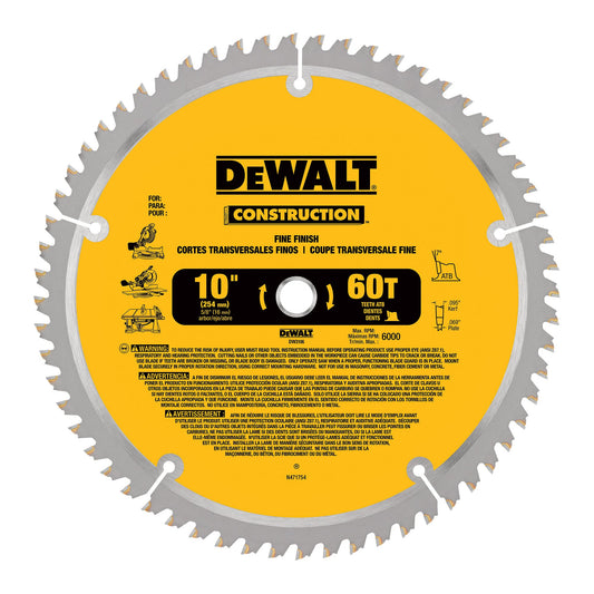 DEWALT 10-Inch Miter / Table Saw Blade, ATB, Thin Kerf, Crosscutting, 5/8-Inch Arbor, 60-Tooth (DW3106) - WoodArtSupply